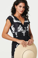 Ikat Print Ruched Cap Sleeve Maxi Dress