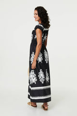 Ikat Print Ruched Cap Sleeve Maxi Dress