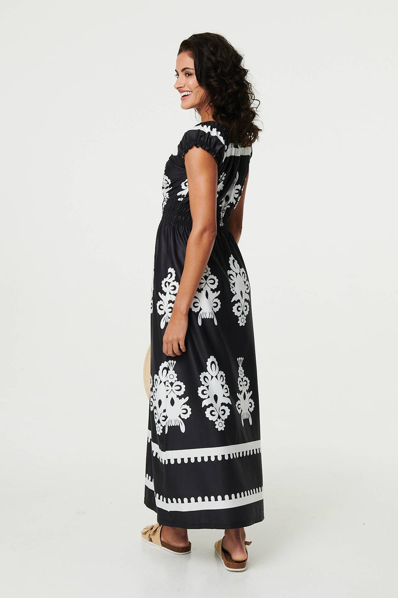 Ikat Print Ruched Cap Sleeve Maxi Dress