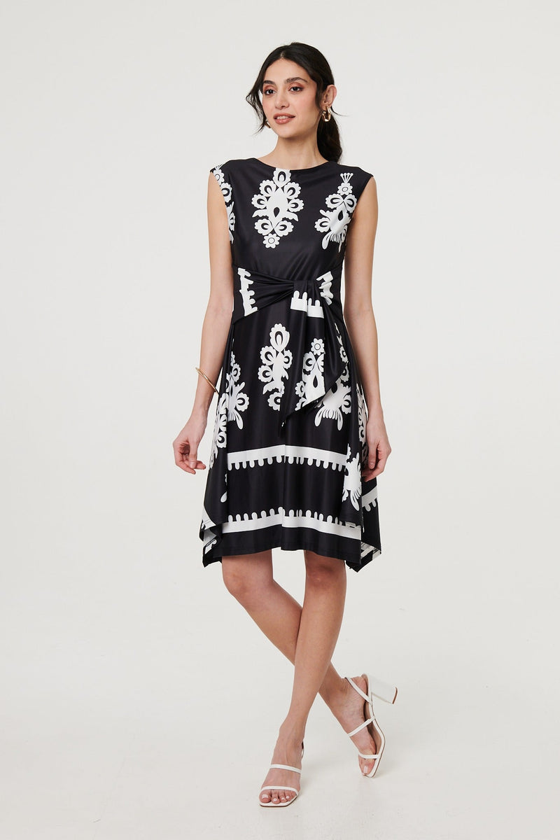 Ikat Print Tie Front Knee Length Dress