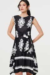 Ikat Print Tie Front Knee Length Dress