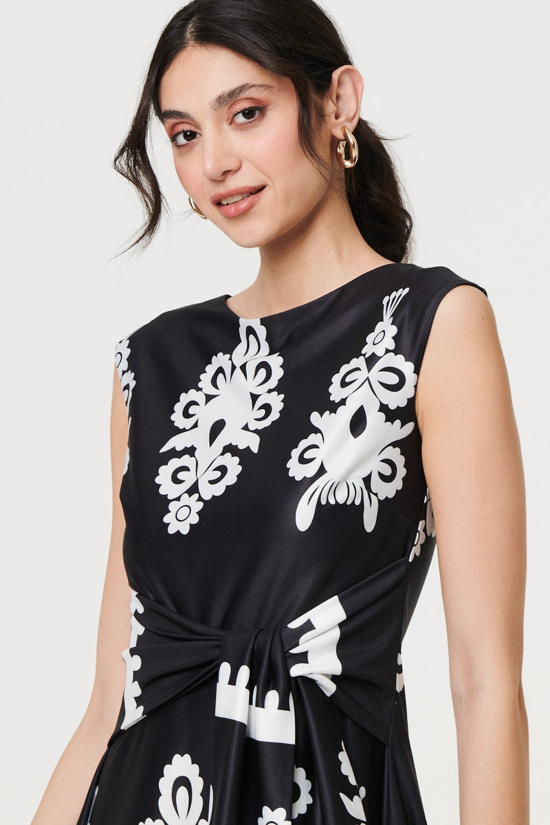 Ikat Print Tie Front Knee Length Dress