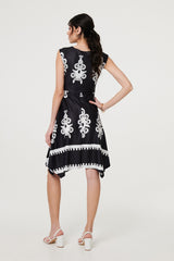 Ikat Print Tie Front Knee Length Dress