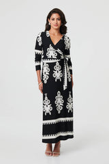 Ikat Print 3/4 Sleeve Wrap Maxi Dress