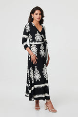 Ikat Print 3/4 Sleeve Wrap Maxi Dress