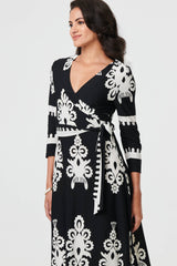 Ikat Print 3/4 Sleeve Wrap Maxi Dress
