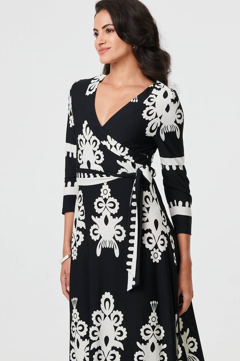 Ikat Print 3/4 Sleeve Wrap Maxi Dress