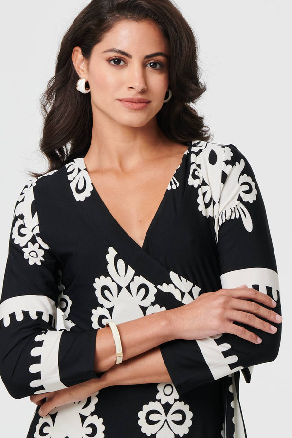Ikat Print 3/4 Sleeve Wrap Maxi Dress