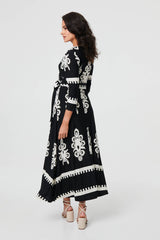 Ikat Print 3/4 Sleeve Wrap Maxi Dress