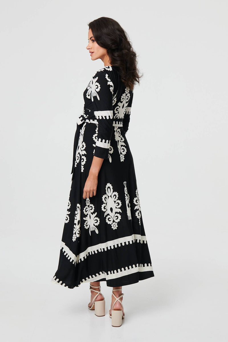 Ikat Print 3/4 Sleeve Wrap Maxi Dress
