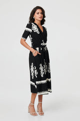 Ikat Print 1/2 Sleeve Wrap Midi Dress