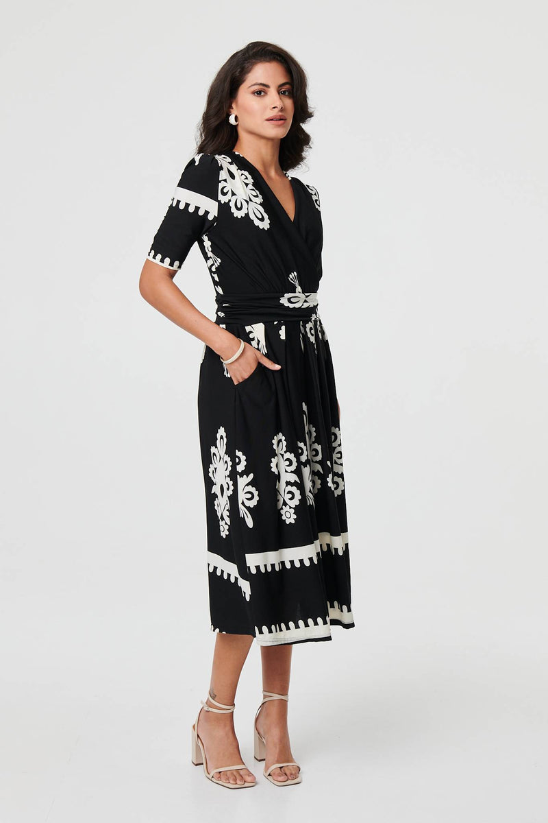 Ikat Print 1/2 Sleeve Wrap Midi Dress