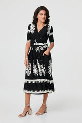 Ikat Print 1/2 Sleeve Wrap Midi Dress