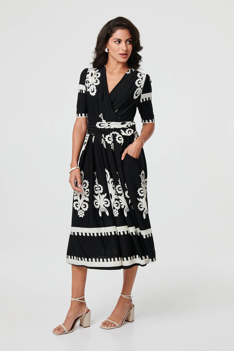 Ikat Print 1/2 Sleeve Wrap Midi Dress