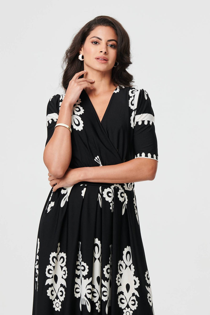 Ikat Print 1/2 Sleeve Wrap Midi Dress