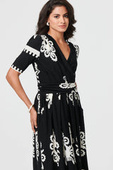 Ikat Print 1/2 Sleeve Wrap Midi Dress