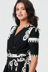 Ikat Print 1/2 Sleeve Wrap Midi Dress