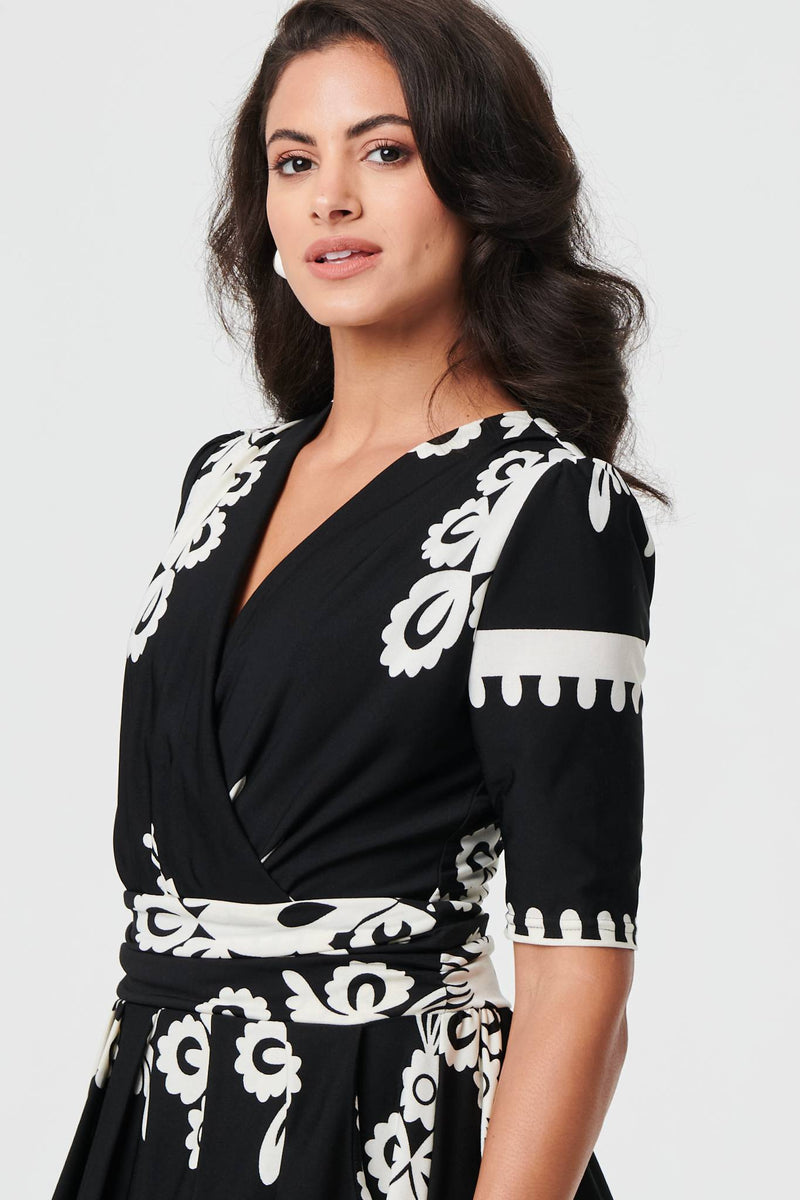 Ikat Print 1/2 Sleeve Wrap Midi Dress