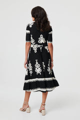 Ikat Print 1/2 Sleeve Wrap Midi Dress