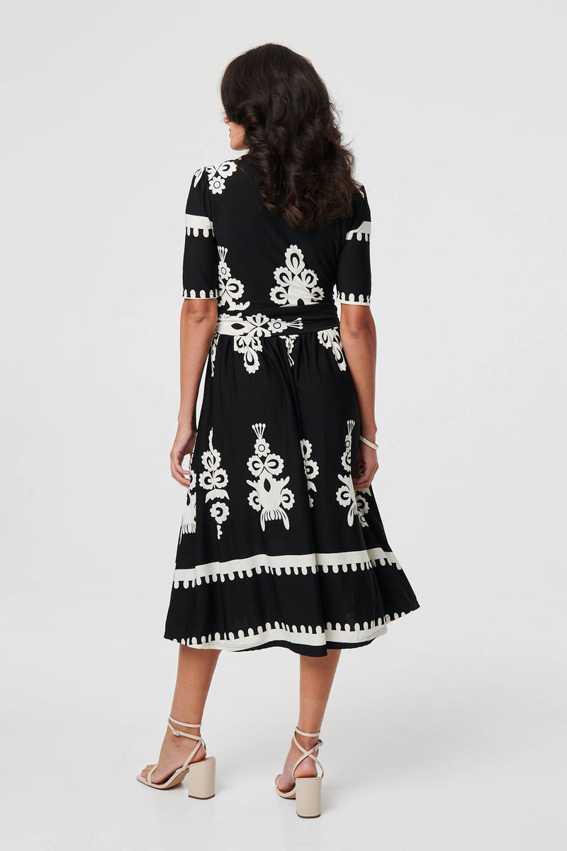 Ikat Print 1/2 Sleeve Wrap Midi Dress