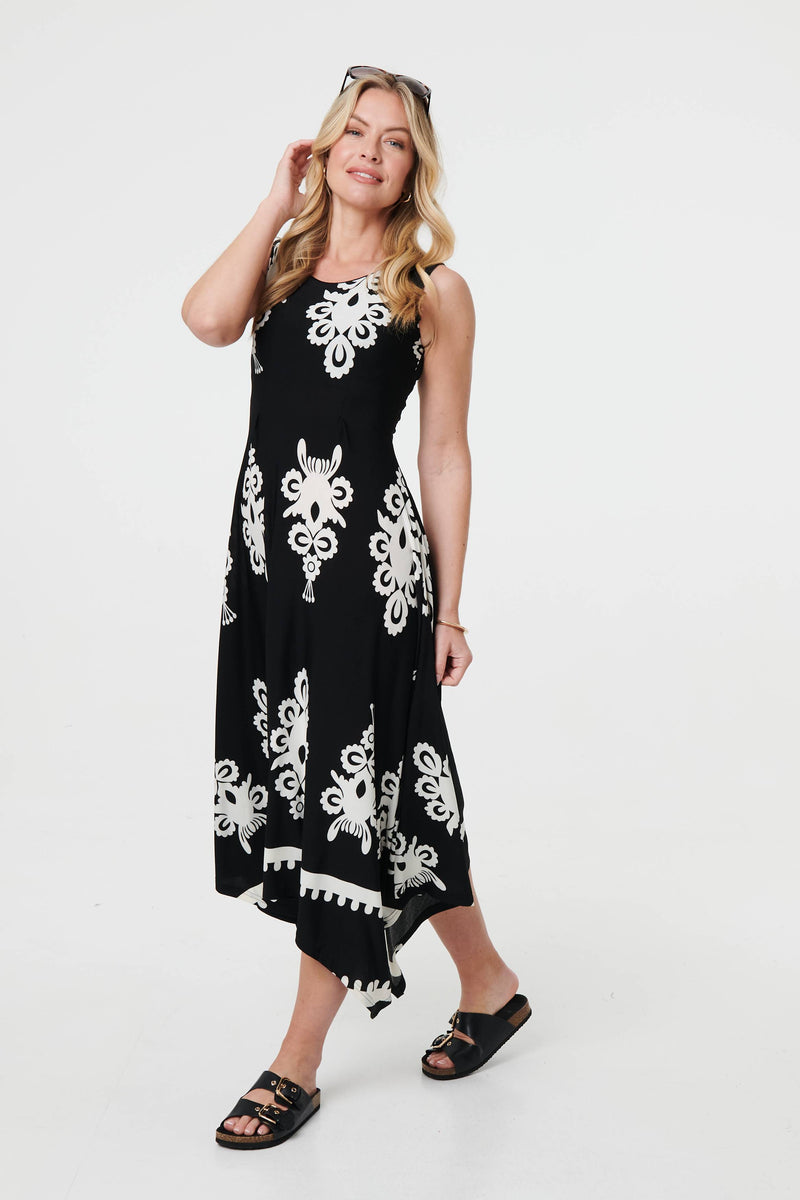 Ikat Print Sleeveless A-Line Midi Dress