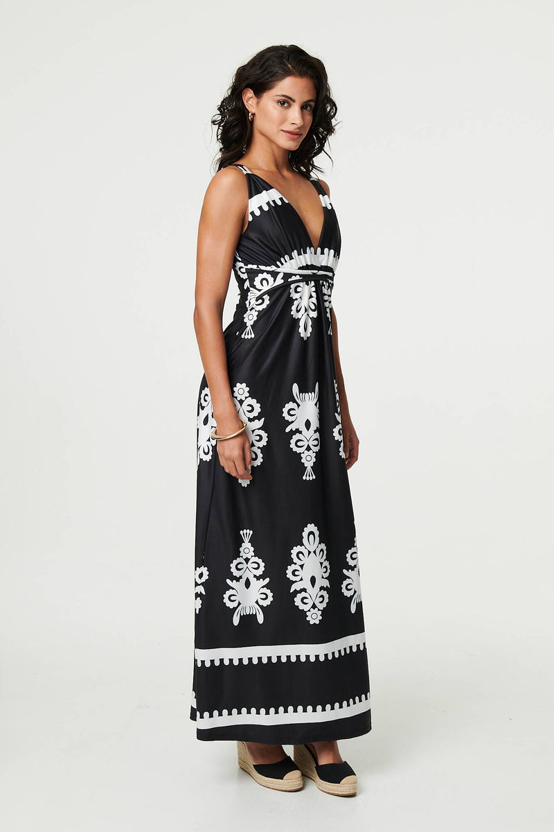Ikat Print Sleeveless Empire Maxi Dress