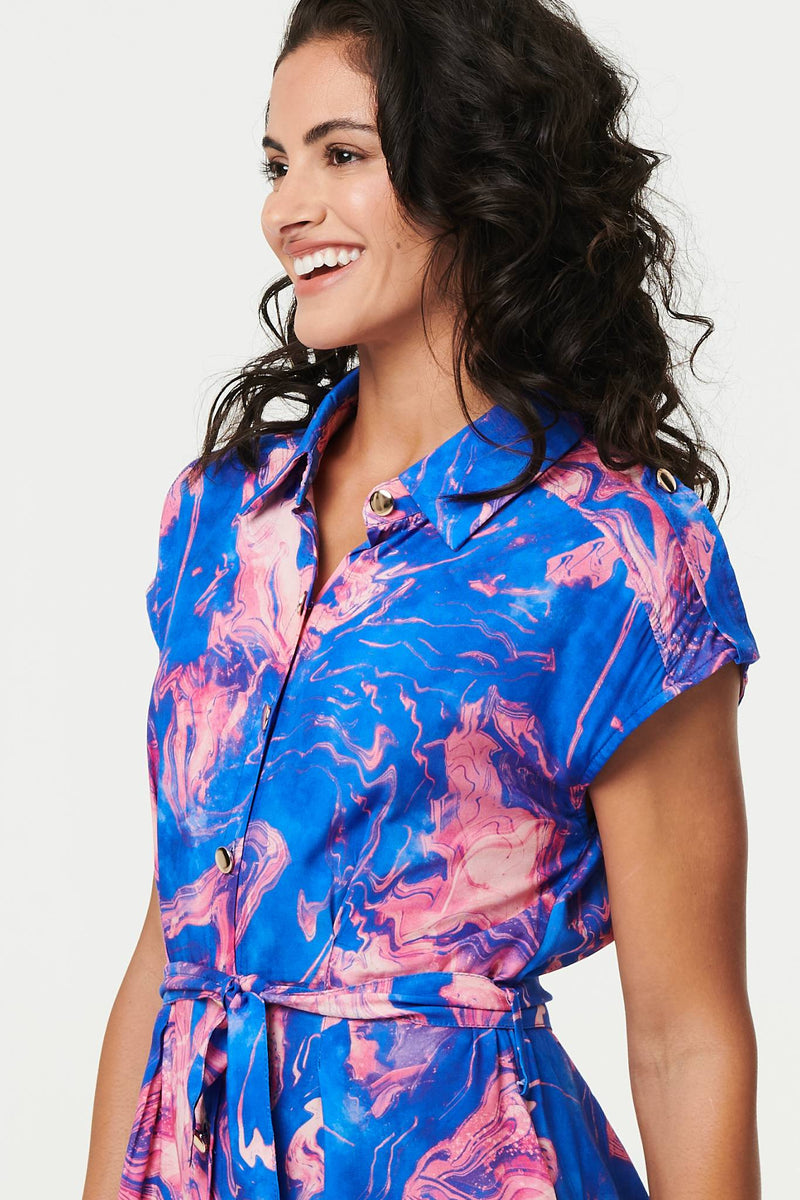 Marble Print Knee Length Shirt Dress