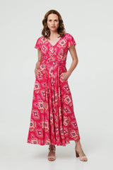 Printed Cap Sleeve Ruched Maxi Dress