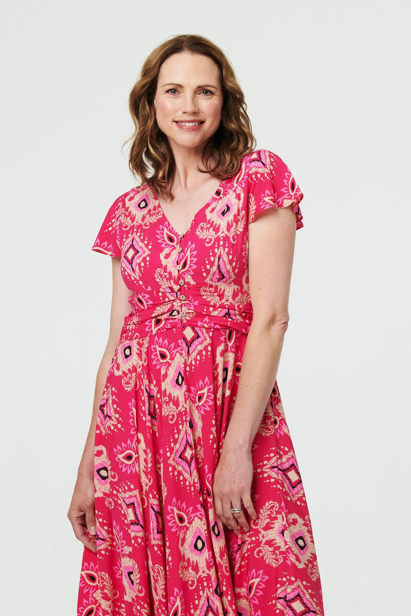 Printed Cap Sleeve Ruched Maxi Dress