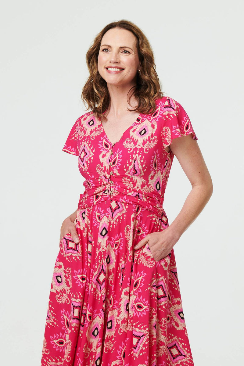 Printed Cap Sleeve Ruched Maxi Dress