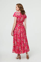 Printed Cap Sleeve Ruched Maxi Dress