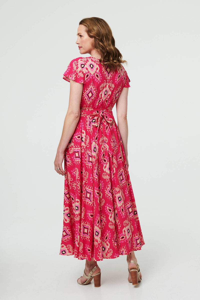 Printed Cap Sleeve Ruched Maxi Dress