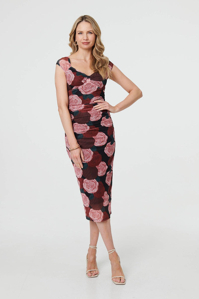 Floral Semi Sheer Cap Sleeve Midi Dress
