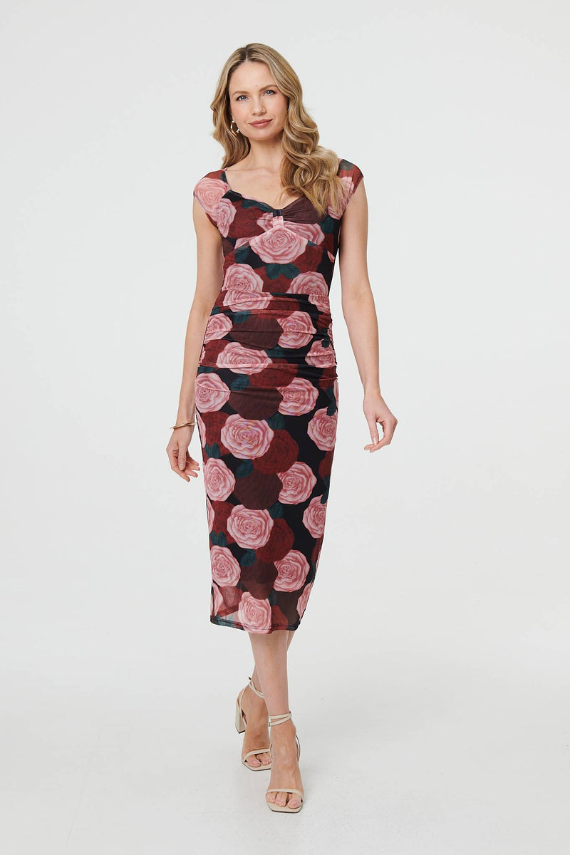 Floral Semi Sheer Cap Sleeve Midi Dress