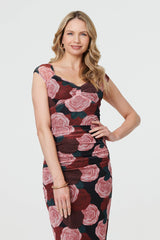 Floral Semi Sheer Cap Sleeve Midi Dress