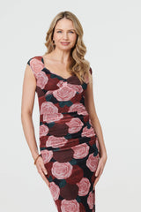 Floral Semi Sheer Cap Sleeve Midi Dress