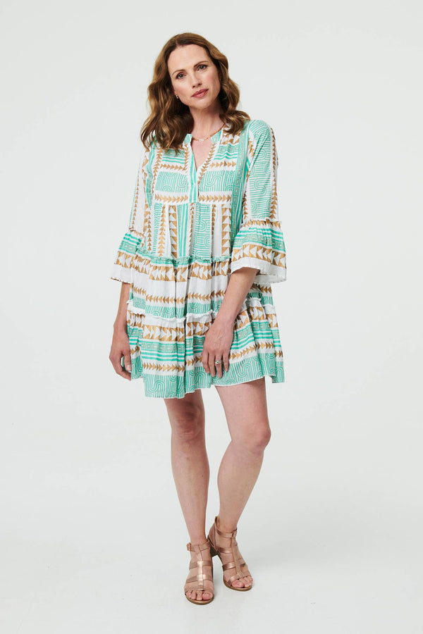 Printed 3/4 Sleeve Tiered Mini Dress