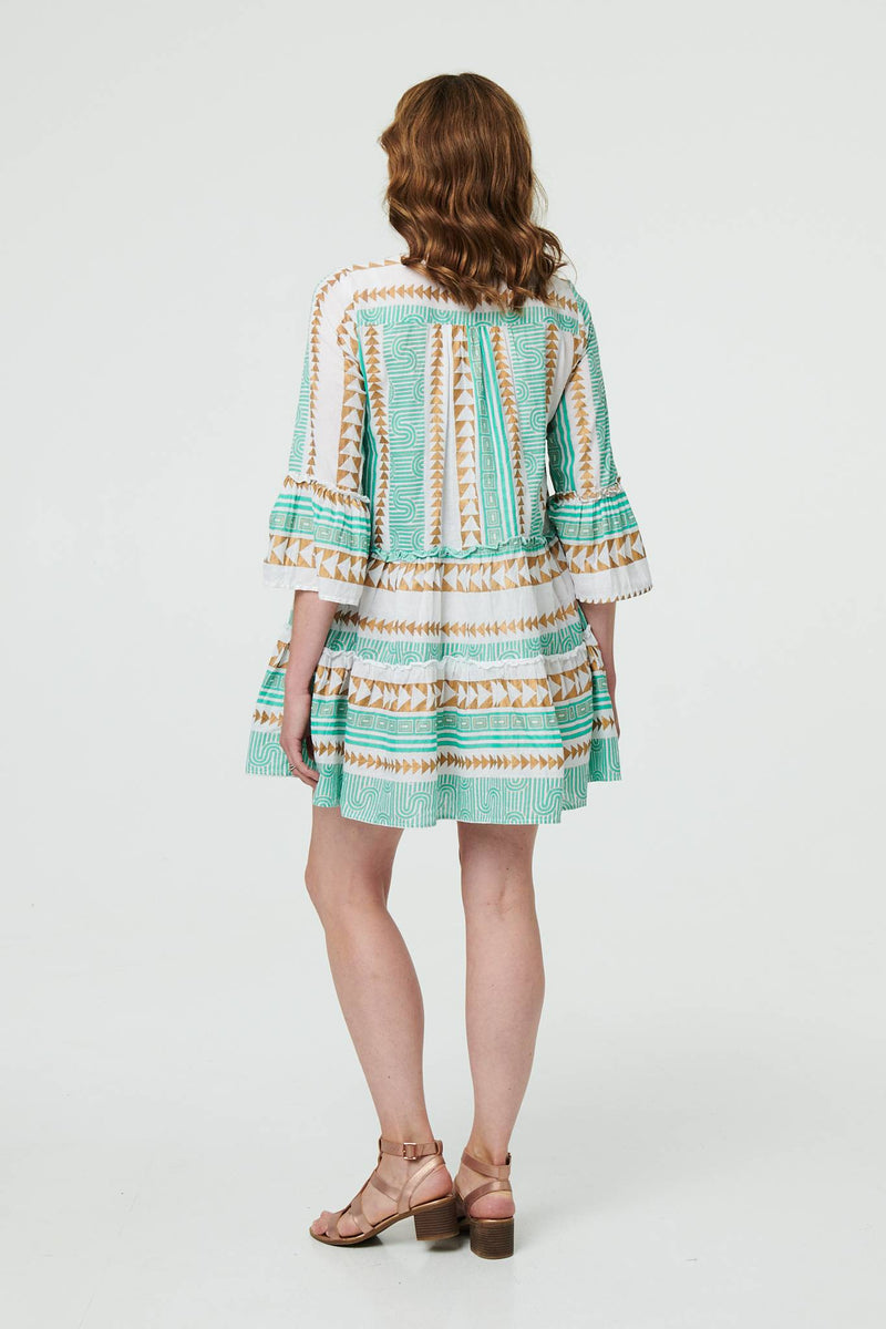 Printed 3/4 Sleeve Tiered Mini Dress