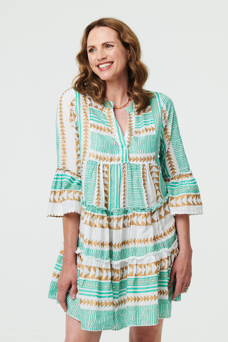 Printed 3/4 Sleeve Tiered Mini Dress