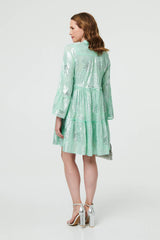 Printed 3/4 Sleeve Tiered Short Dress