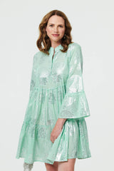 Printed 3/4 Sleeve Tiered Short Dress