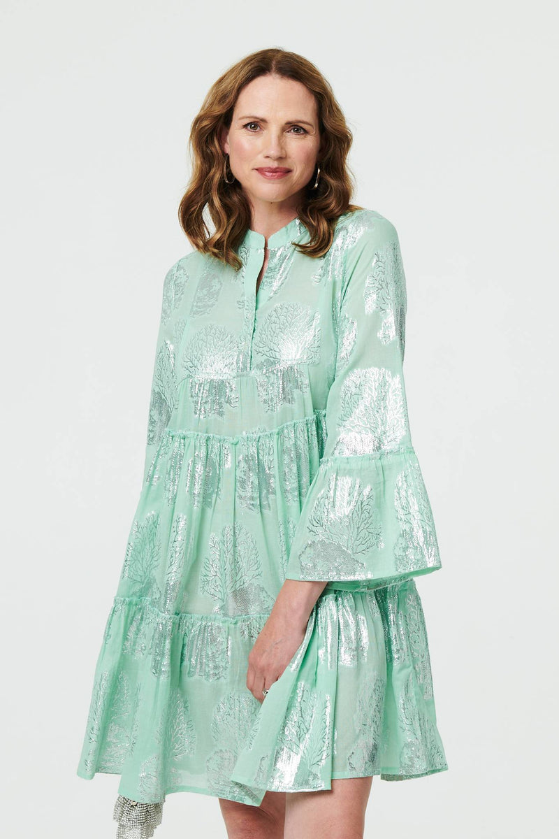 Printed 3/4 Sleeve Tiered Short Dress