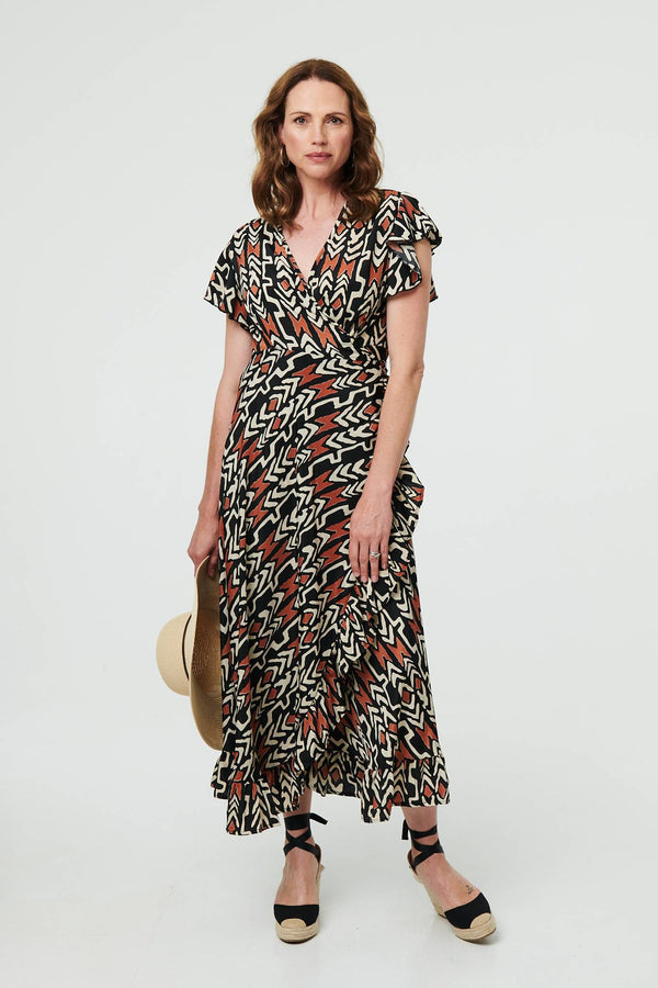 Abstract Frilled Sleeve Wrap Midi Dress