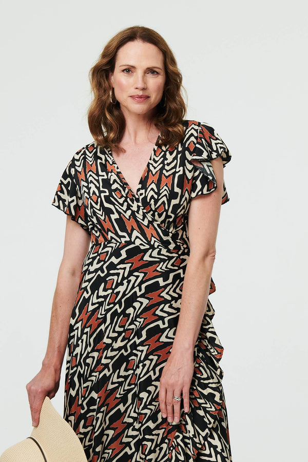 Abstract Frilled Sleeve Wrap Midi Dress