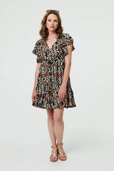 Printed Frilled Sleeve Short Dress