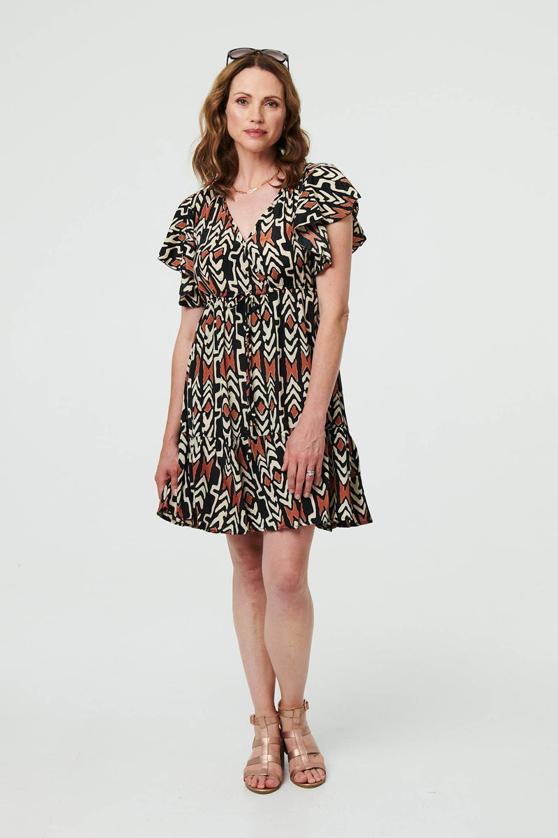 Printed Frilled Sleeve Short Dress