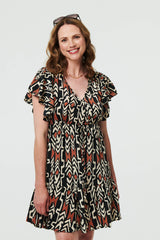 Printed Frilled Sleeve Short Dress