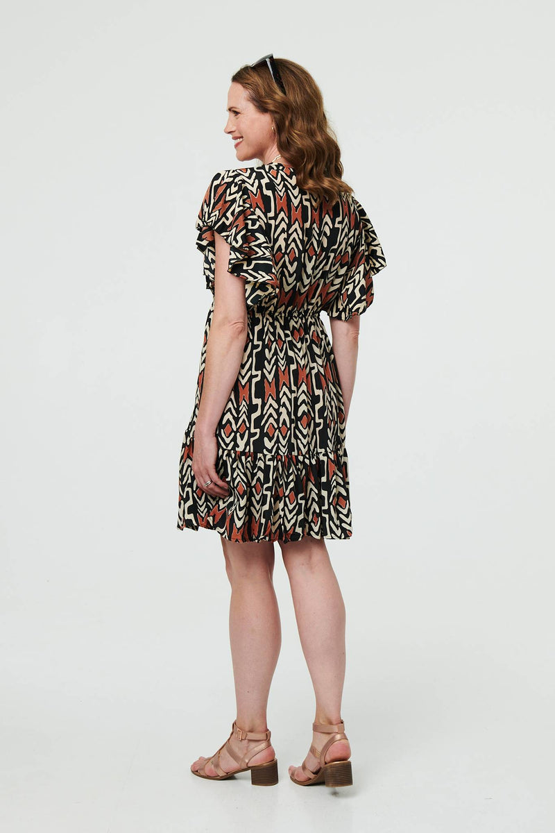 Printed Frilled Sleeve Short Dress