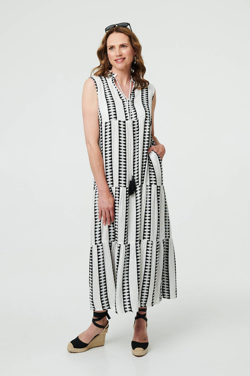 Geo Print Sleeveless Tiered Maxi Dress