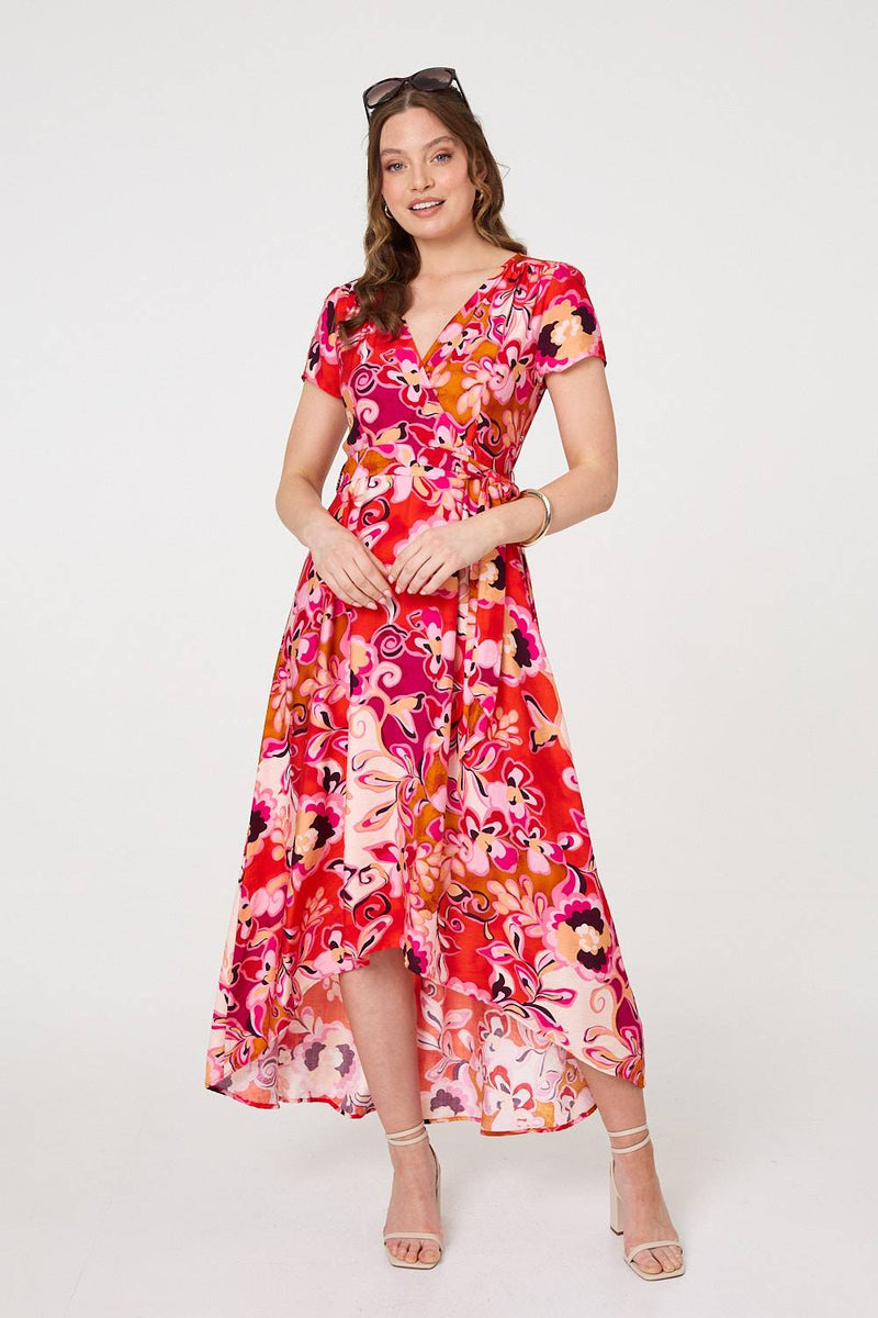 Printed Short Sleeve Wrap Midi Dress